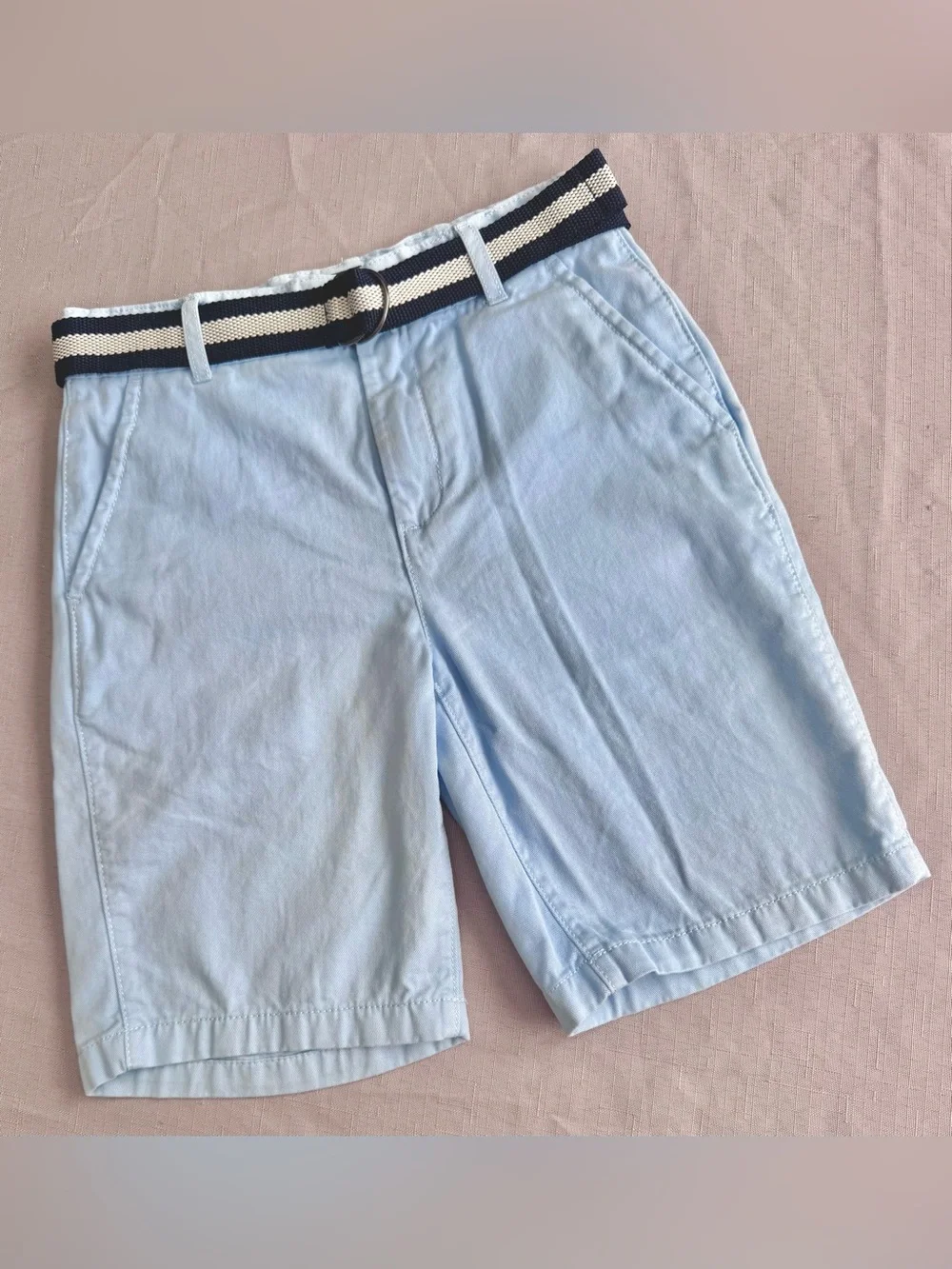The Children's Place Light Blue Cotton Shorts with Navy & Cream Striped Belt